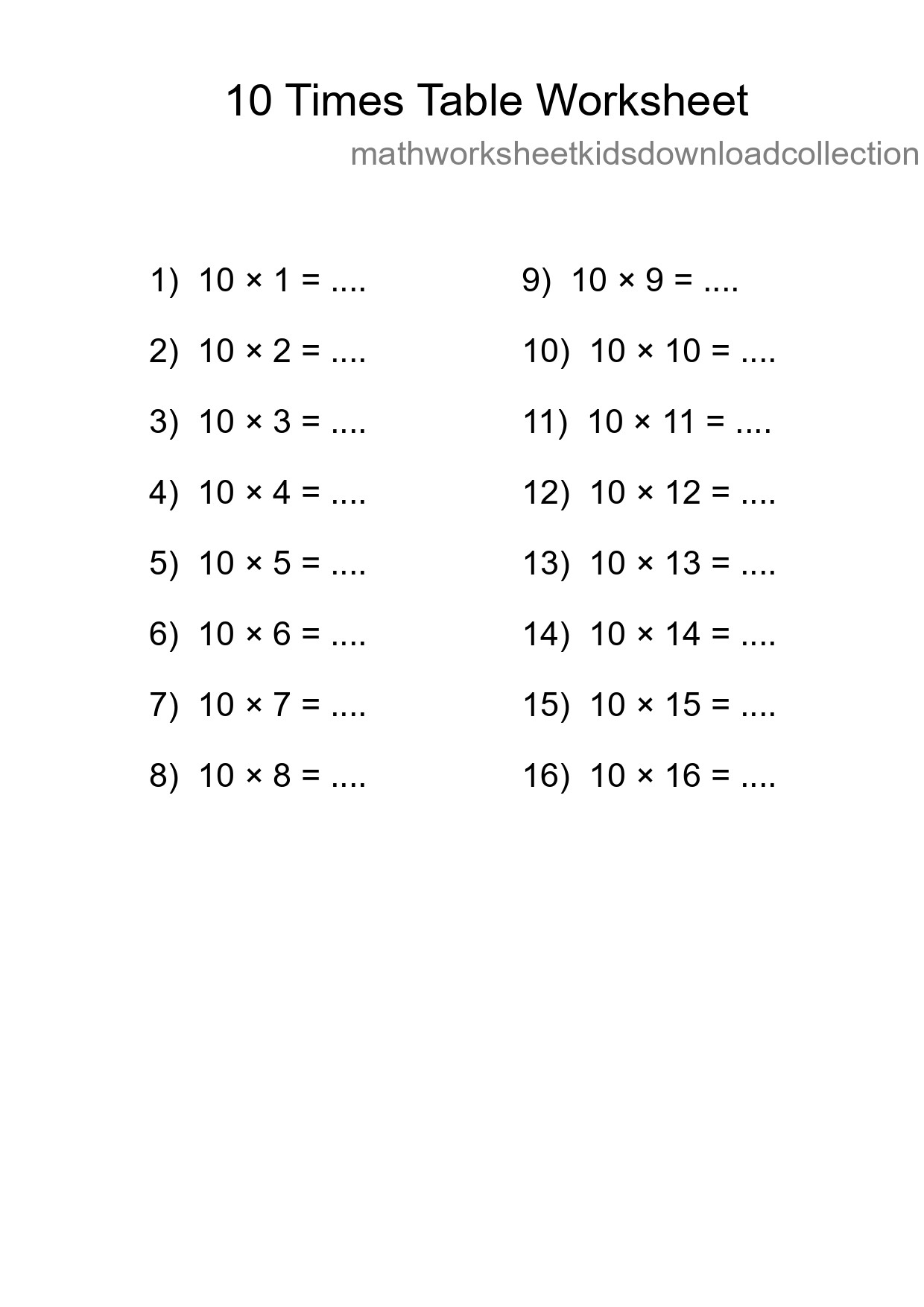 10 Times Table Worksheet For Grade 3 - Part 207