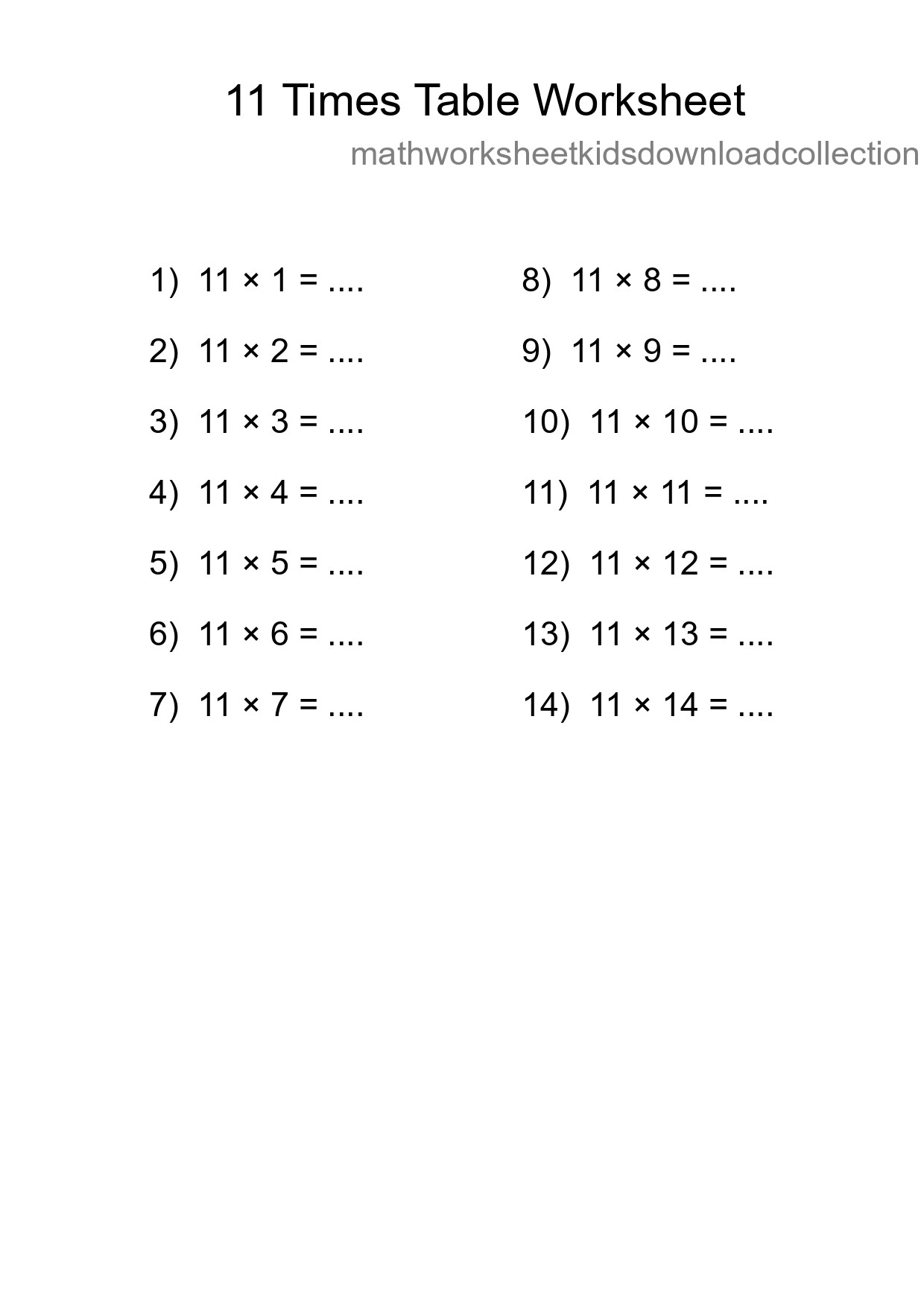 11 Times Table Worksheet For Grade 4 - Part 218