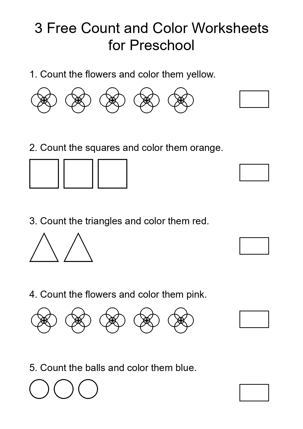 3 Free Count and Color Worksheets for Preschool