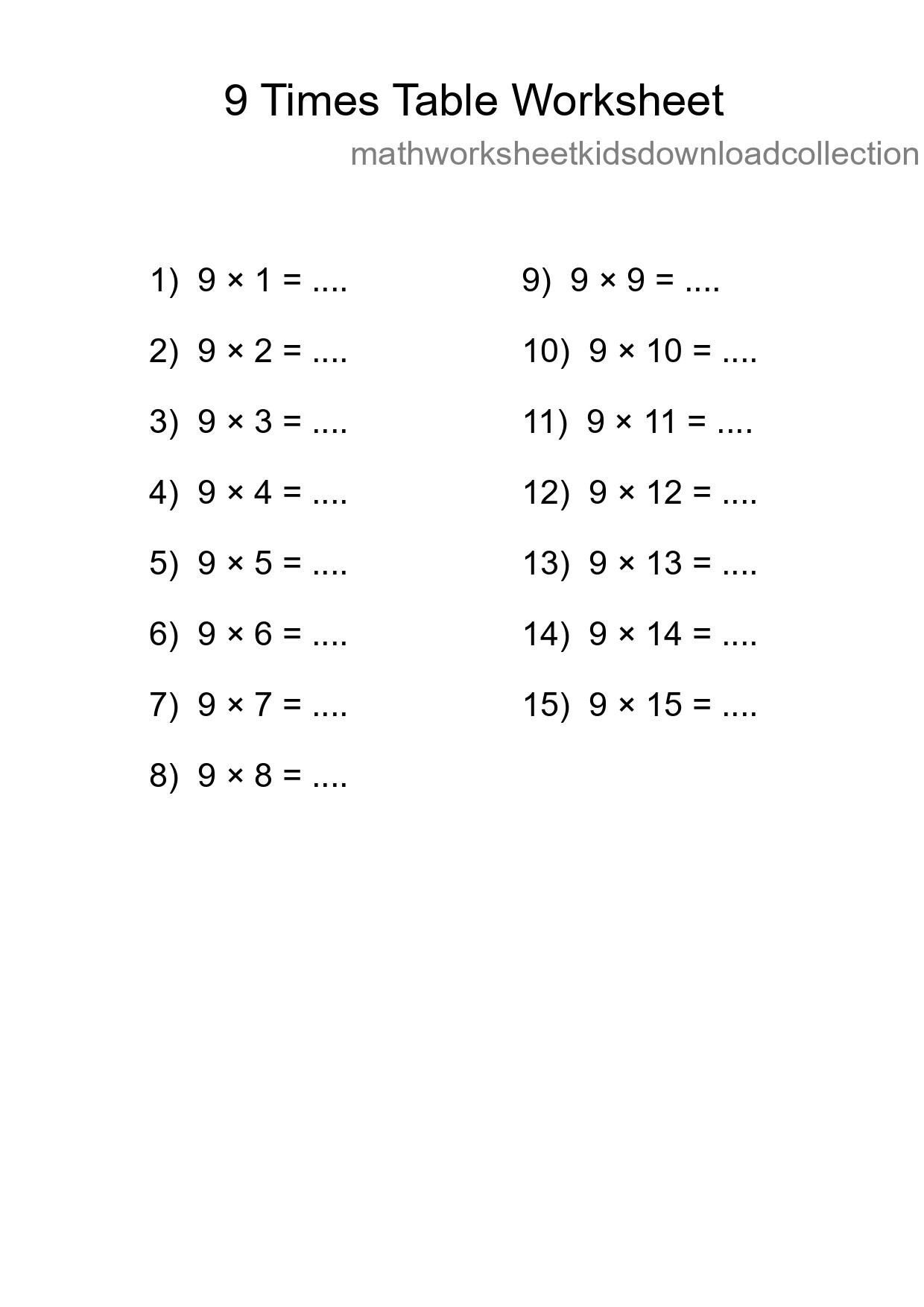 9 Times Table Worksheet For Grade 3 - Part 97