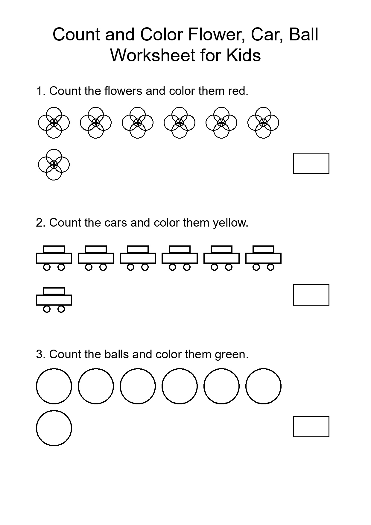 Count and Color Flower, Car, Ball Worksheet for Kids