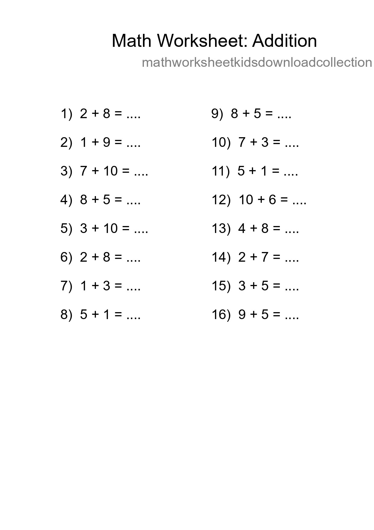 Free 16 Addition Math Worksheet For Grade 1 With Answers - Part 67