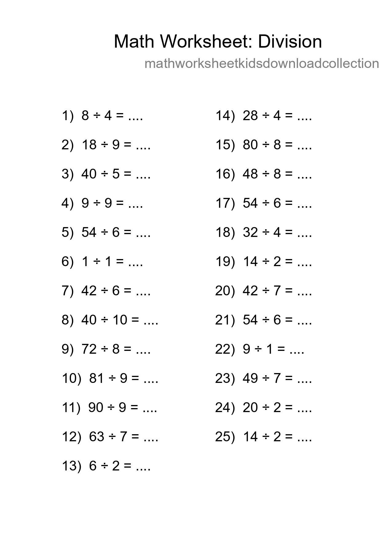 Free 25 Division Math Worksheet For Grade 1 With Answers - Part 202