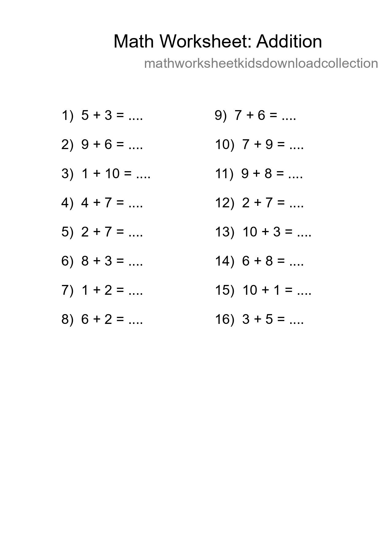 Grade 1 Addition Practice Worksheet (16 Problems) - Part 111