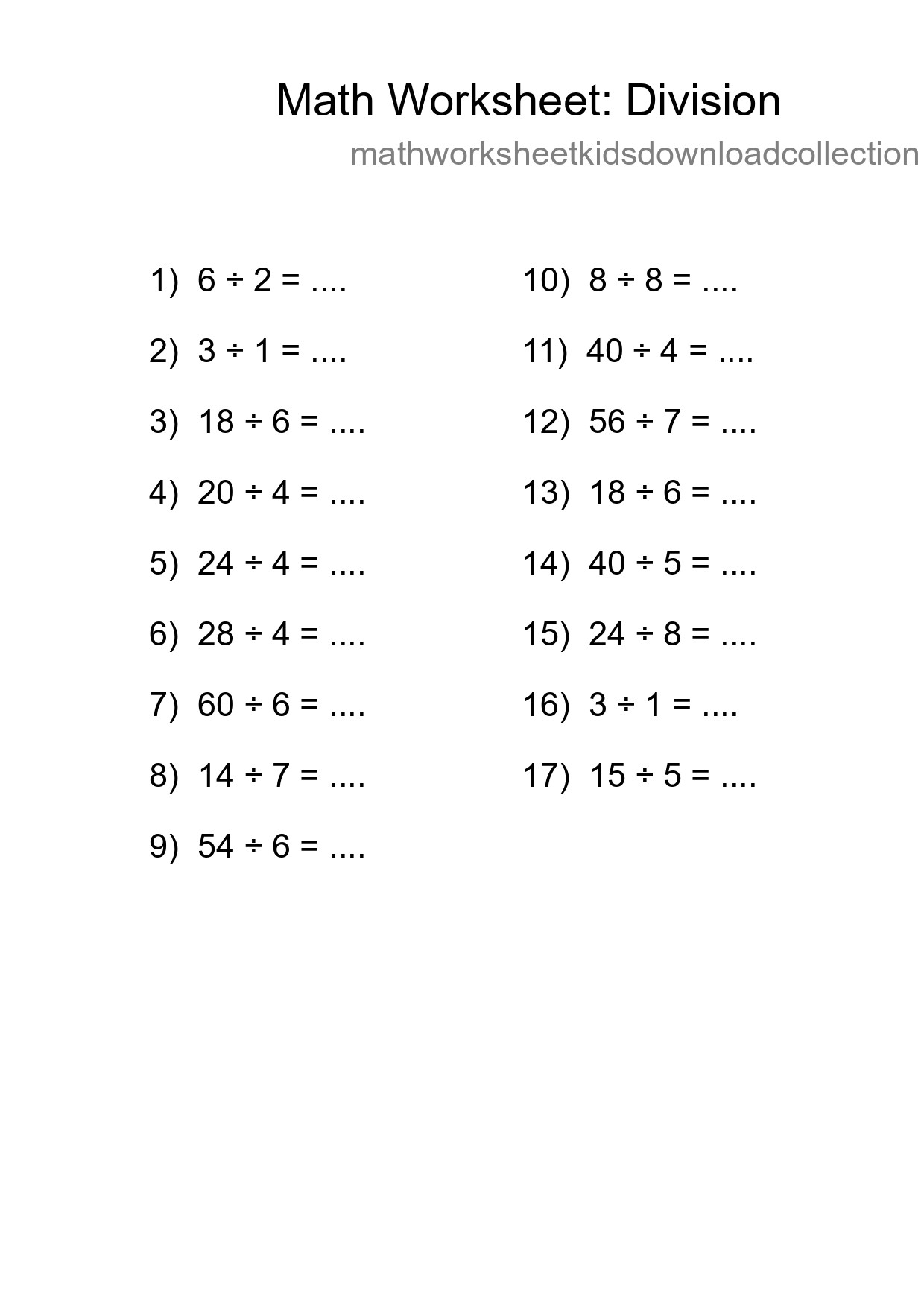 Grade 1 Division Practice Worksheet (17 Problems) - Part 180
