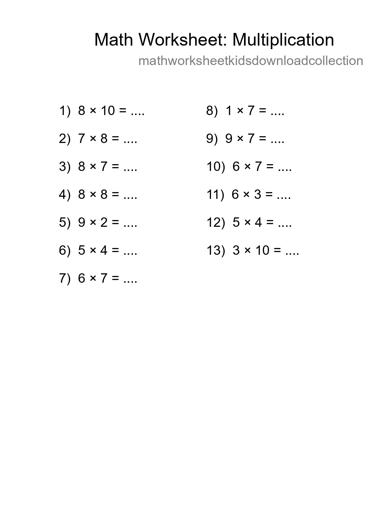 Grade 1 Multiplication Practice Worksheet (13 Problems) - Part 238