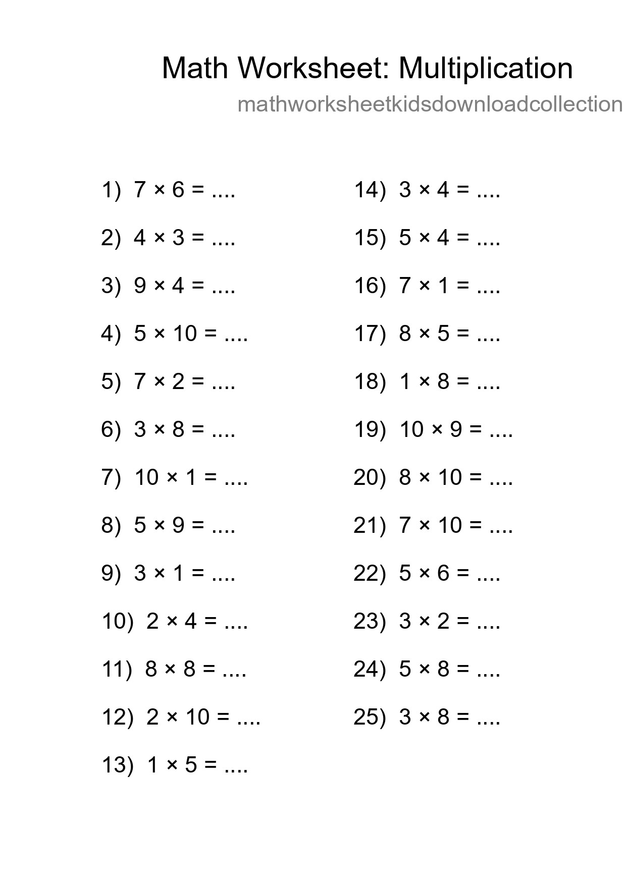 Grade 1 Multiplication Practice Worksheet (25 Problems) - Part 117