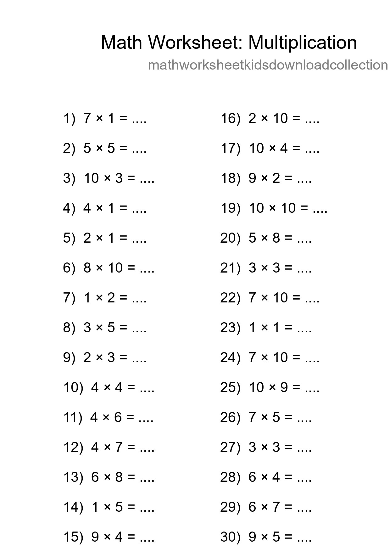Grade 1 Multiplication Practice Worksheet (30 Problems) - Part 7