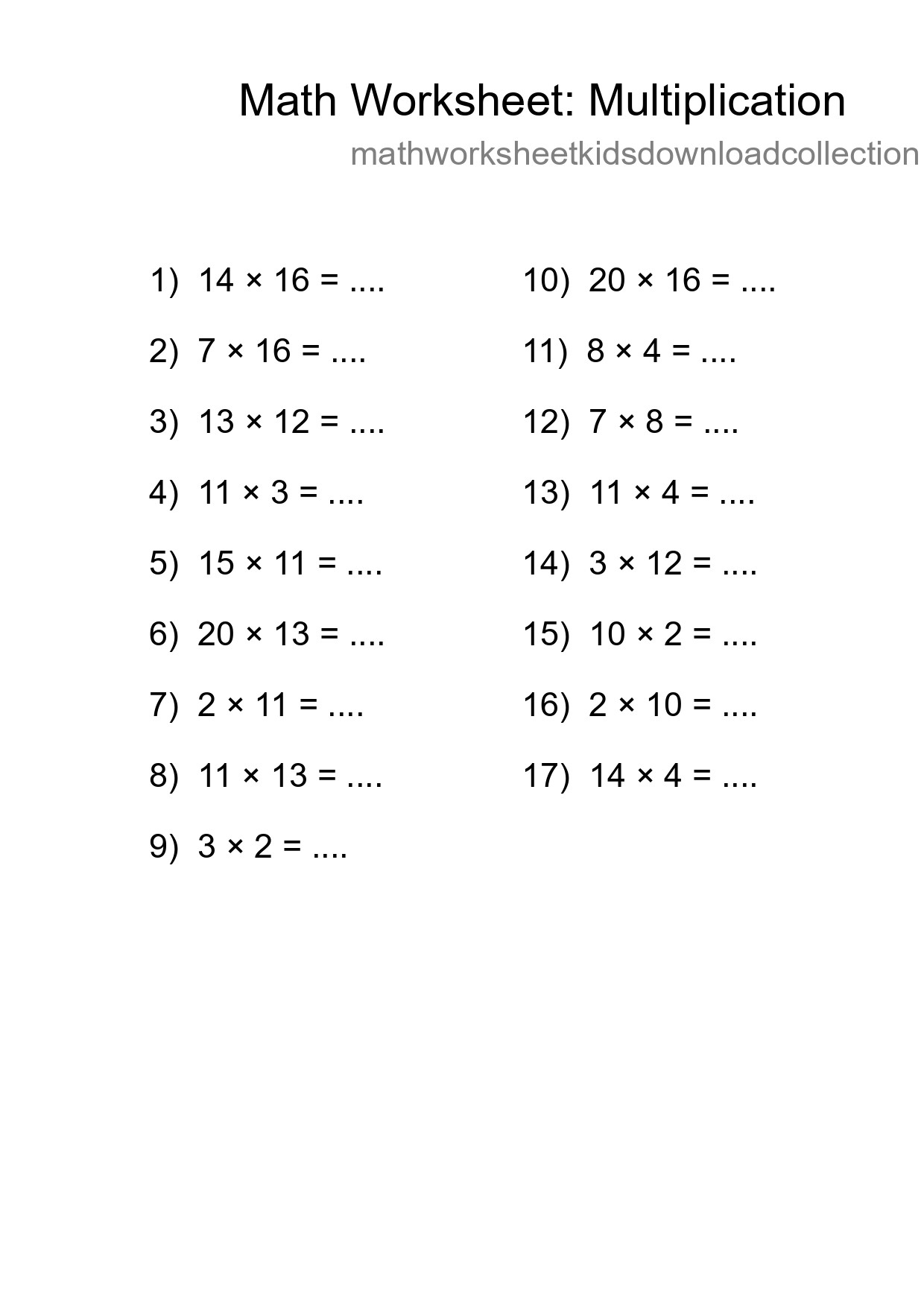 Grade 2 Multiplication Practice Worksheet (17 Problems) - Part 205