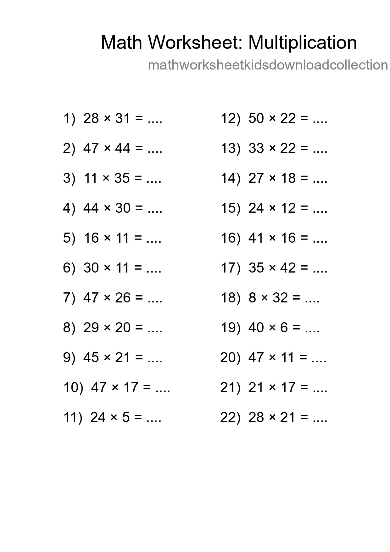 Grade 2 Multiplication Practice Worksheet (22 Problems) - Part 18