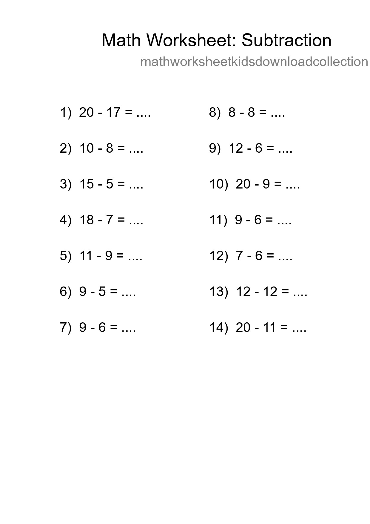 Grade 2 Subtraction Practice Worksheet (14 Problems) - Part 151