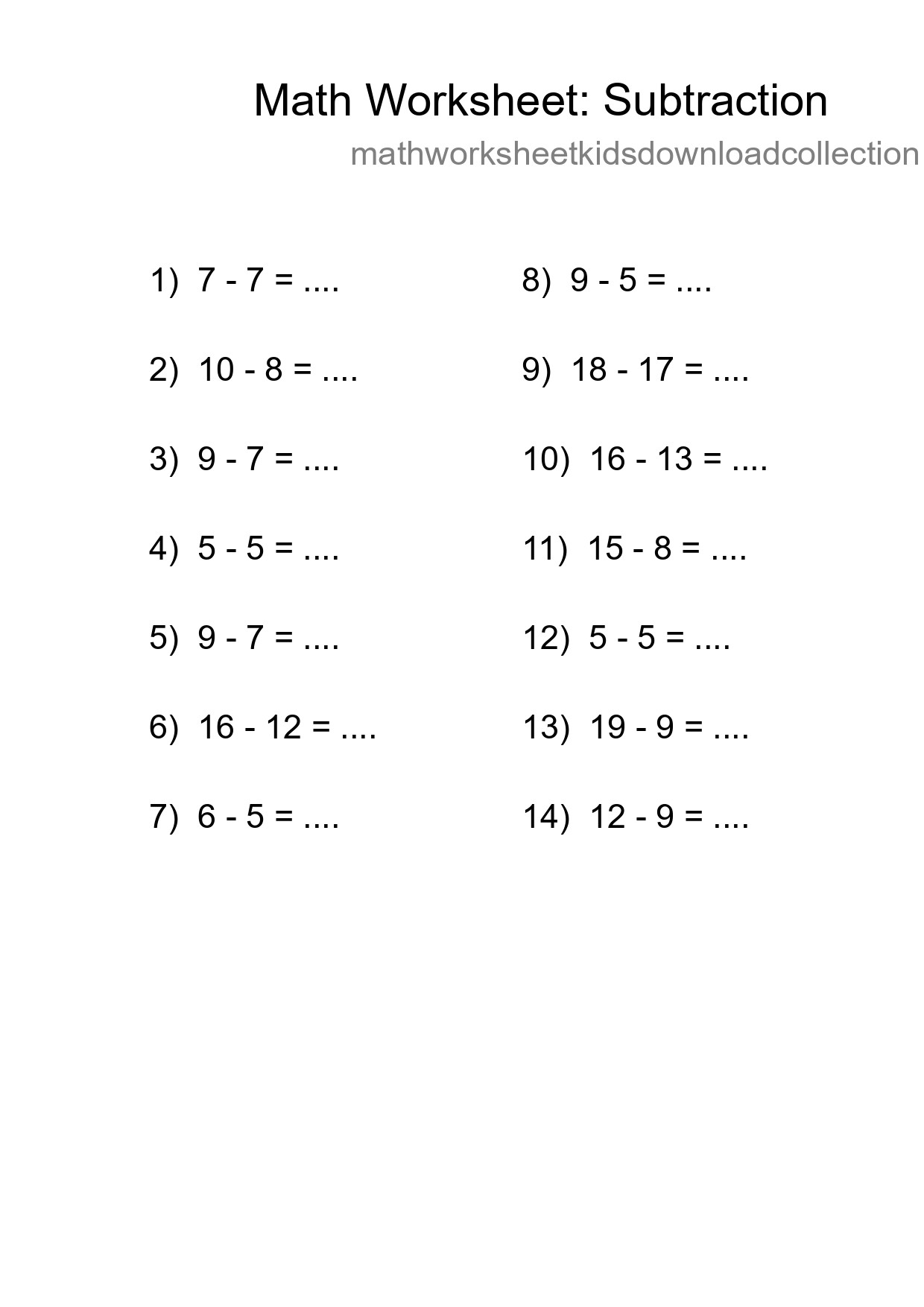 Grade 2 Subtraction Practice Worksheet (14 Problems) - Part 41