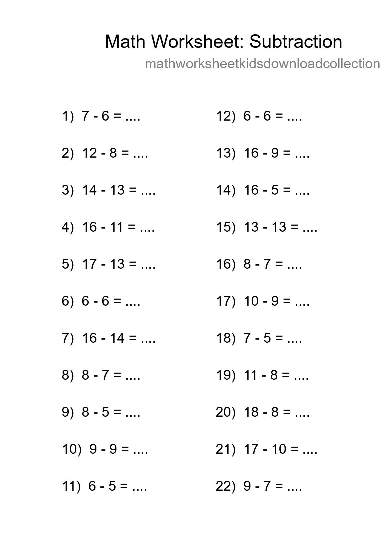 Grade 2 Subtraction Practice Worksheet (22 Problems) - Part 8