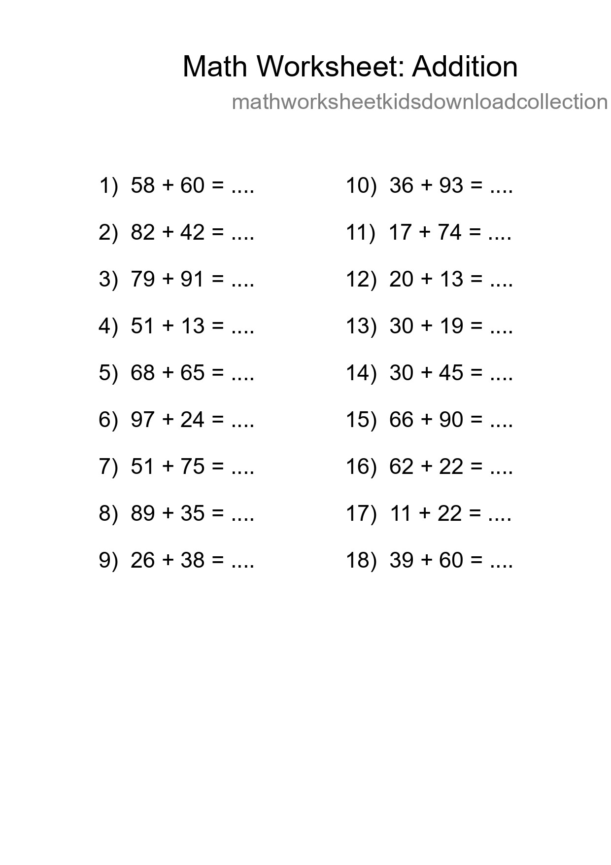 Grade 3 Addition Practice Worksheet (18 Problems) - Part 12