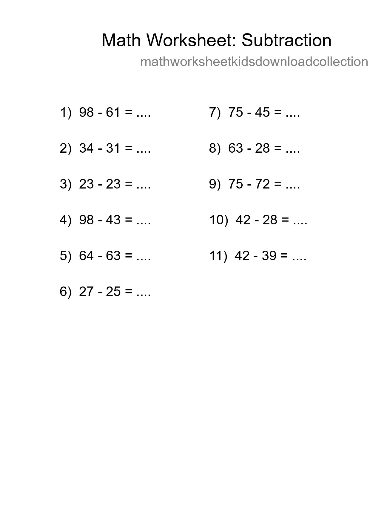 Grade 3 Subtraction Practice Worksheet (11 Problems) - Part 195