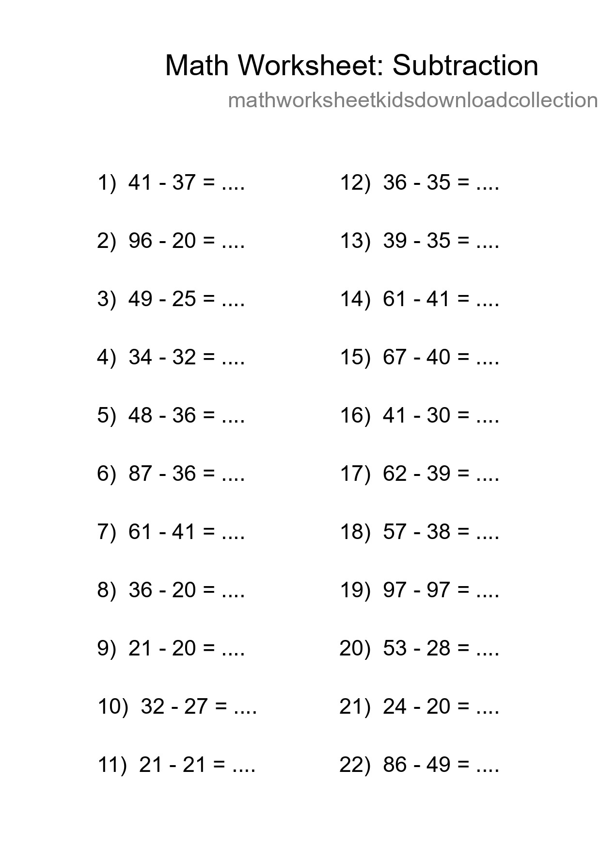 Grade 3 Subtraction Practice Worksheet (22 Problems) - Part 52