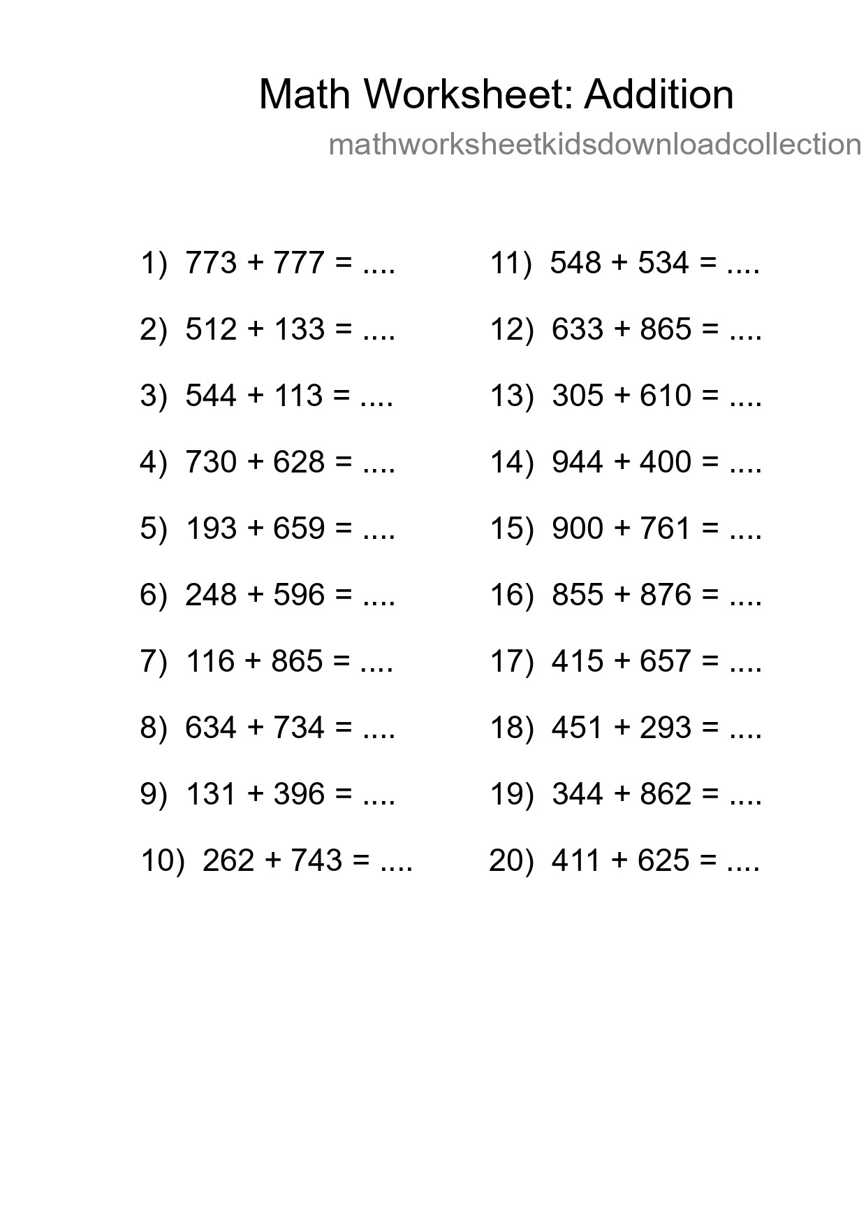 Grade 5 Addition Practice Worksheet (20 Problems) - Part 232