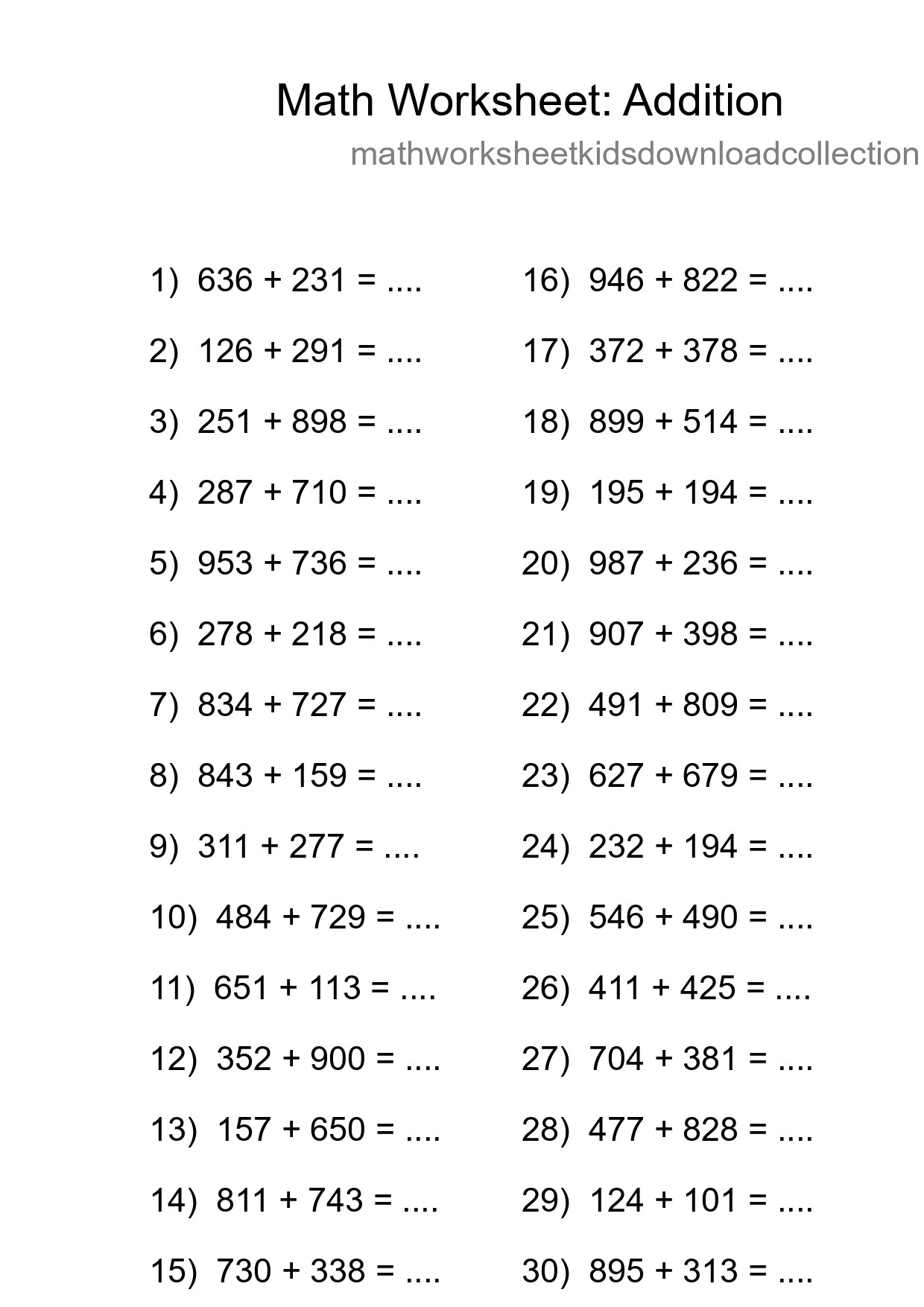 Grade 5 Addition Practice Worksheet (30 Problems) - Part 177