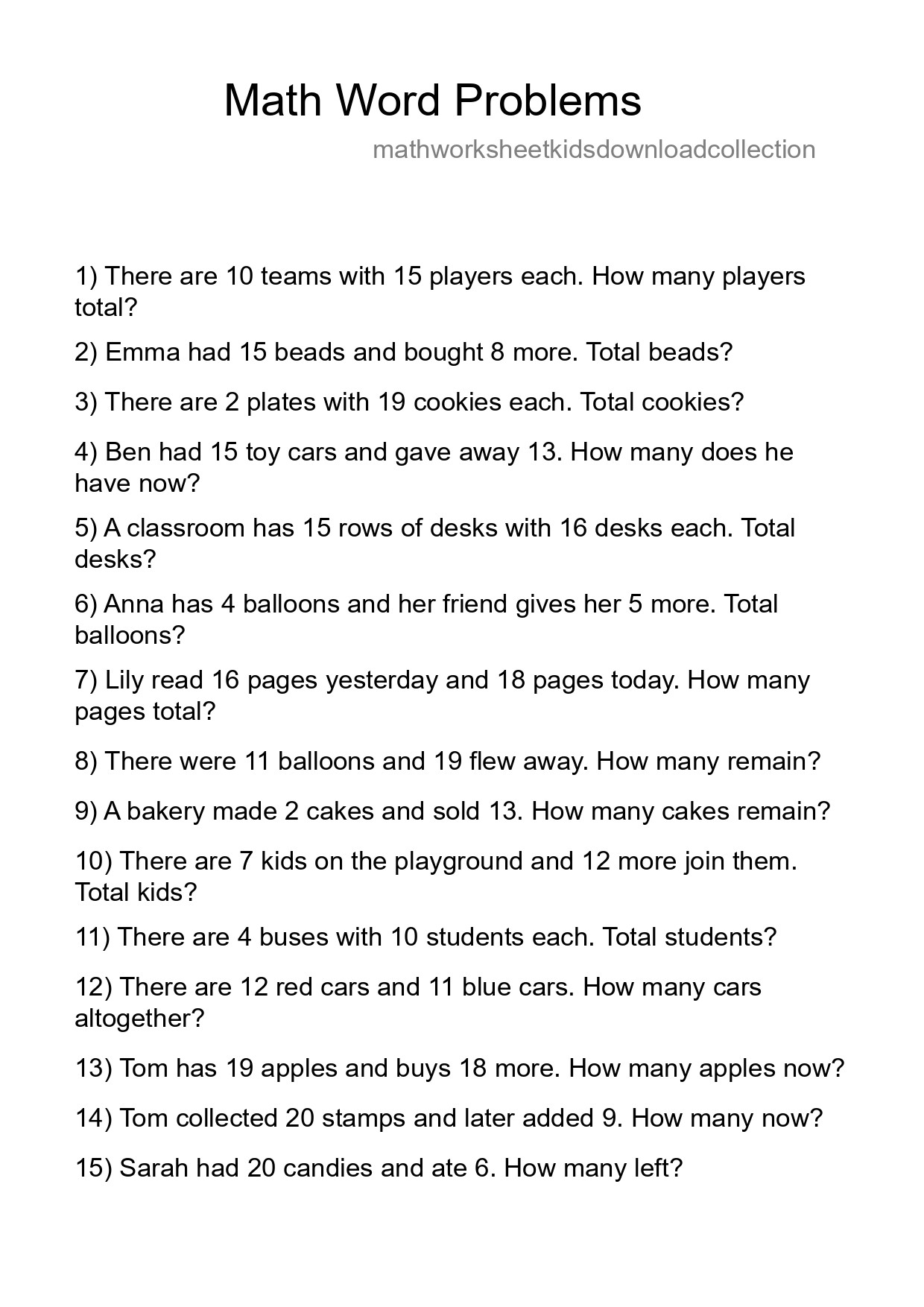 Math Word Problem Worksheet