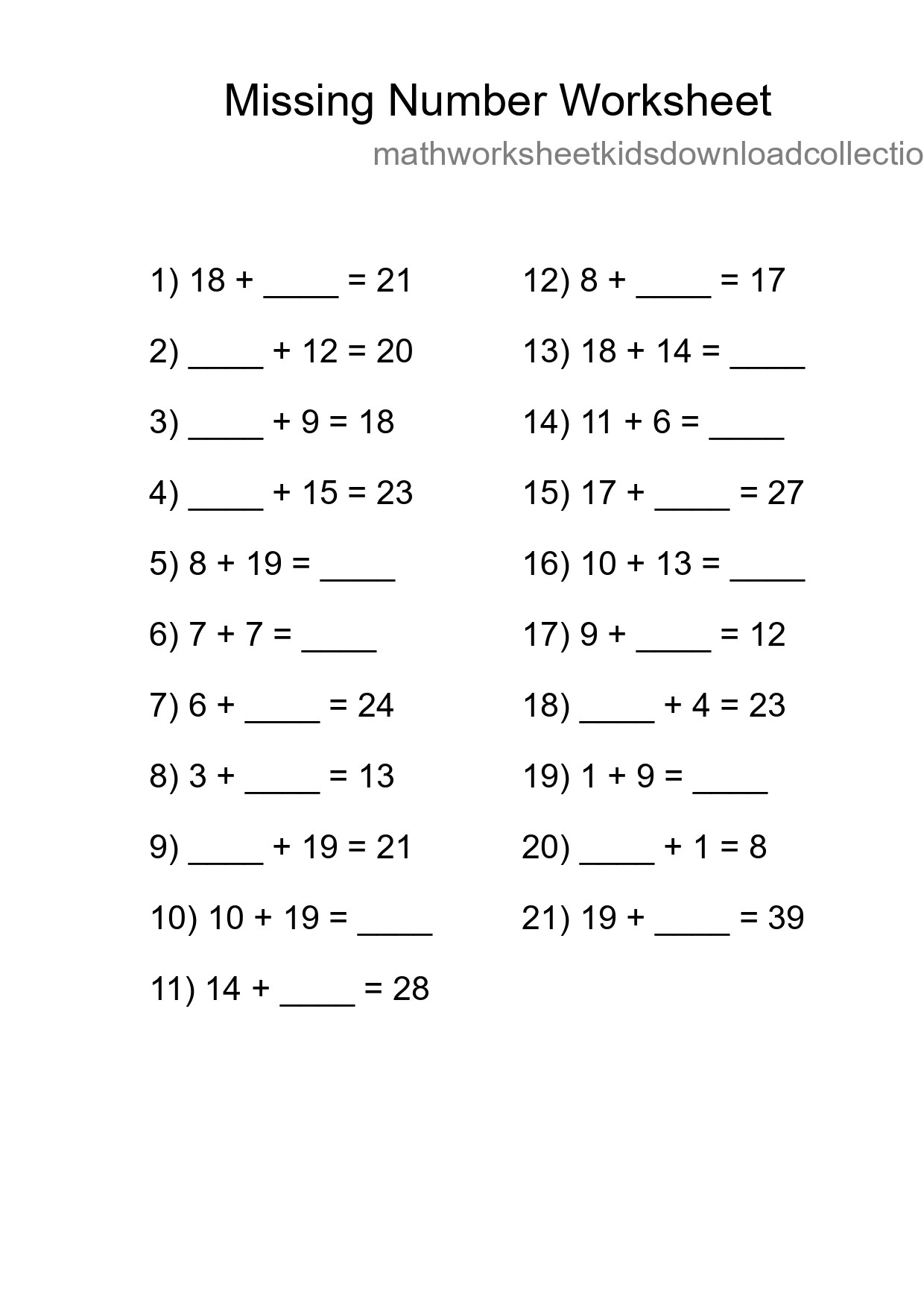 Missing Number Math Worksheet