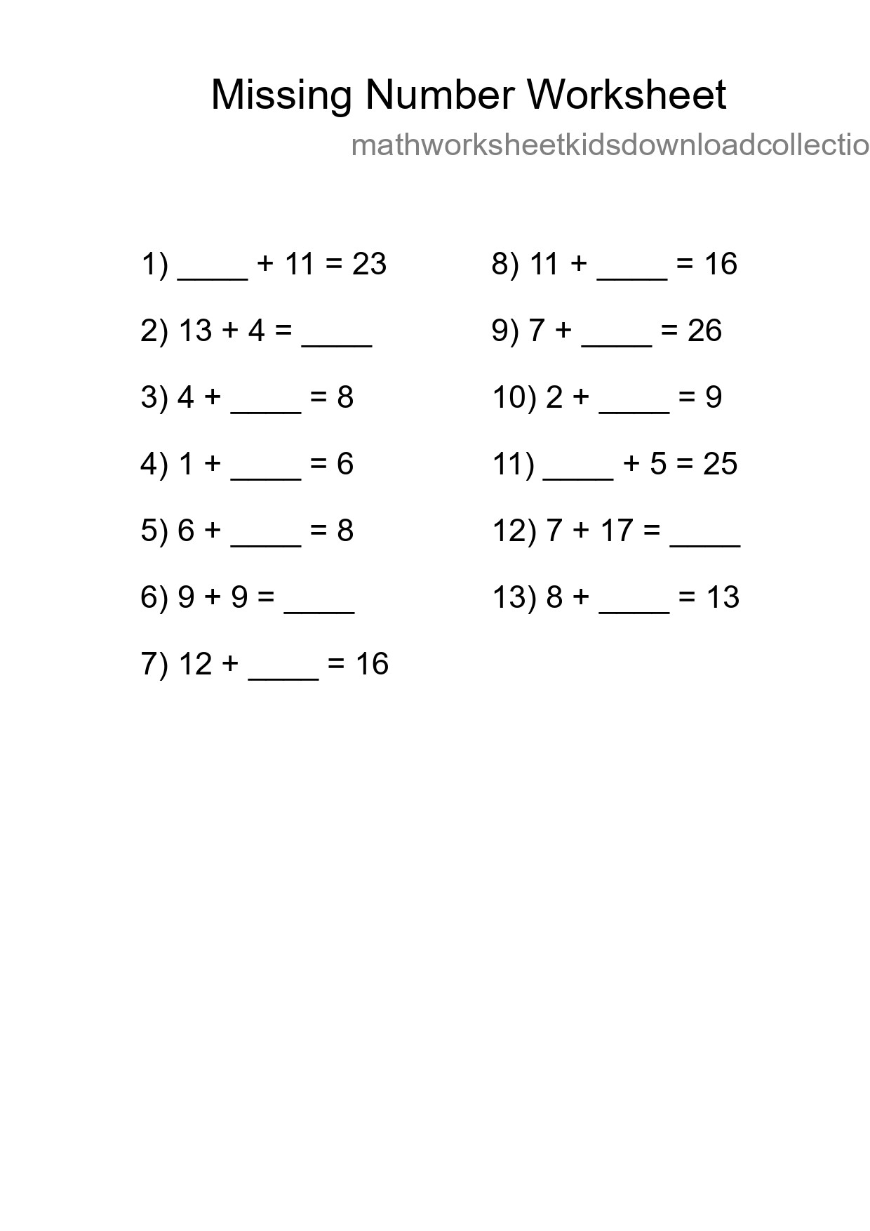Missing Number Math Worksheet