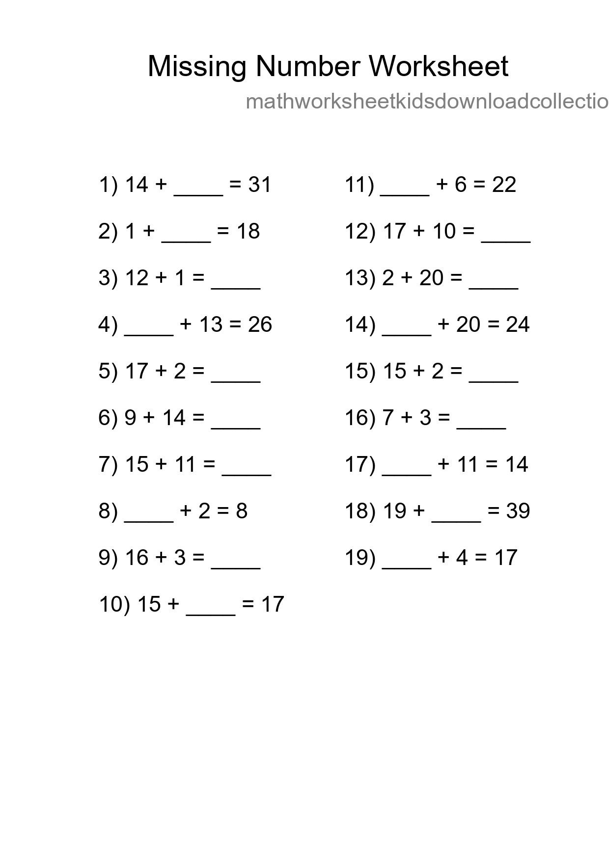 Missing Number Math Worksheet