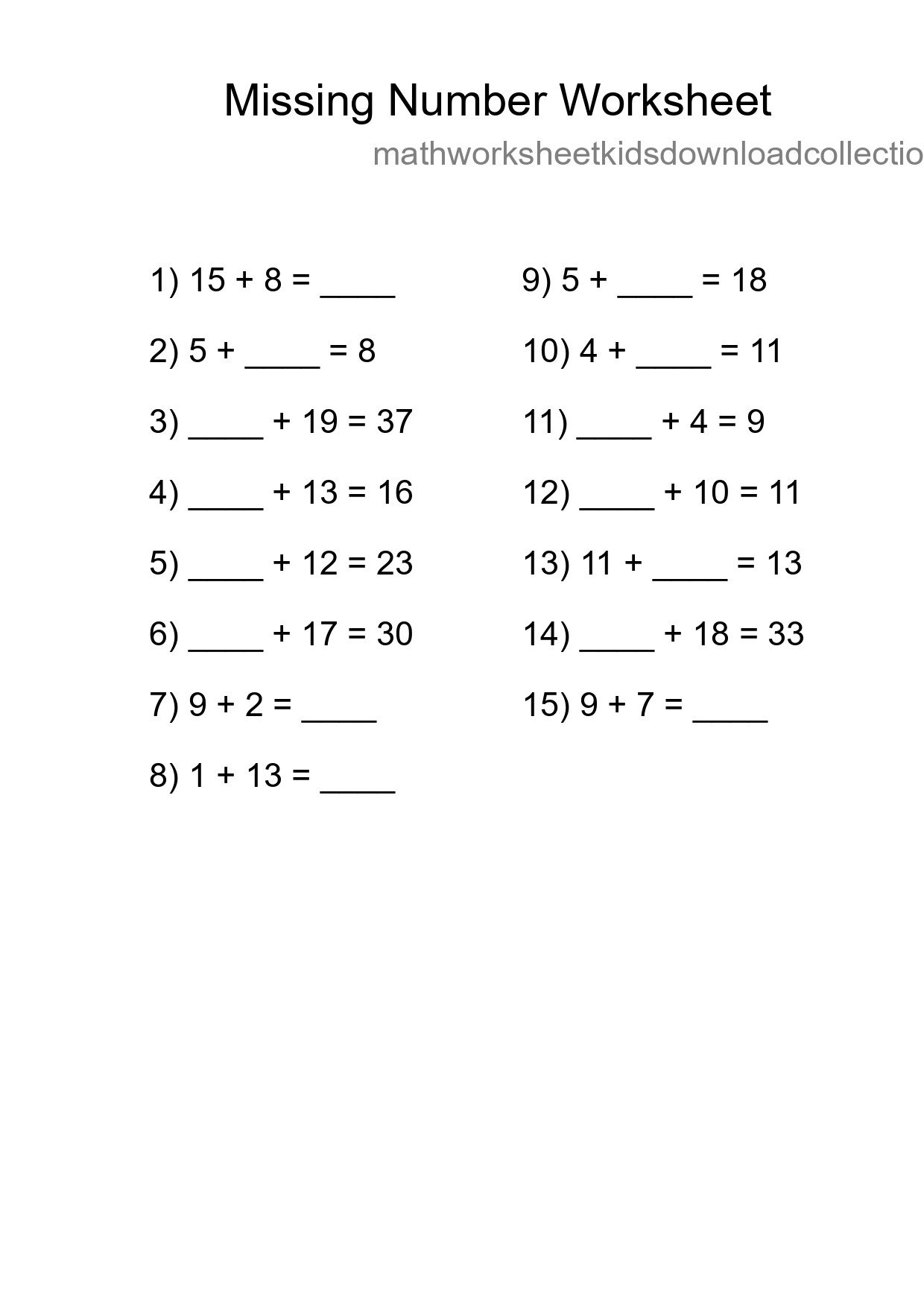 Missing Number Math Worksheet