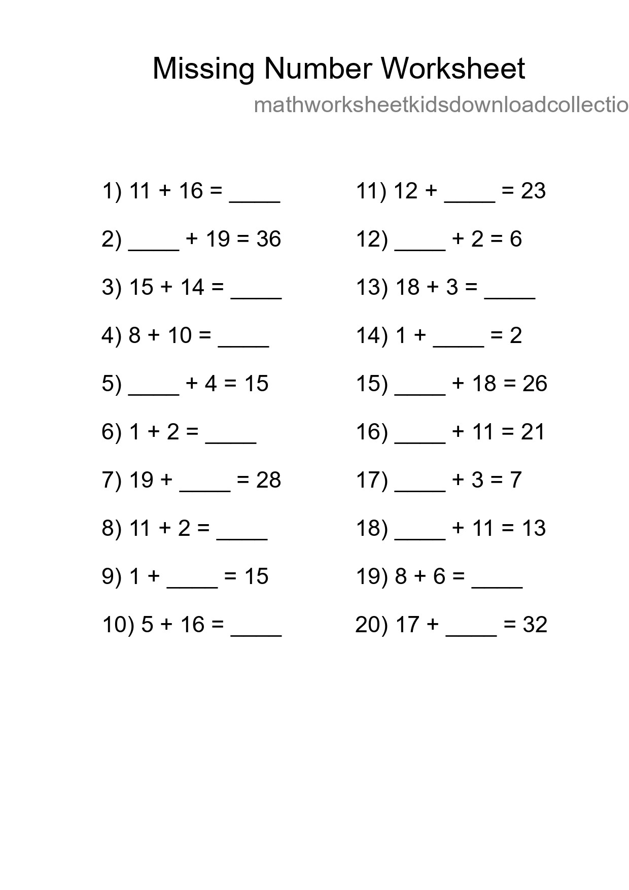 Missing Number Math Worksheet