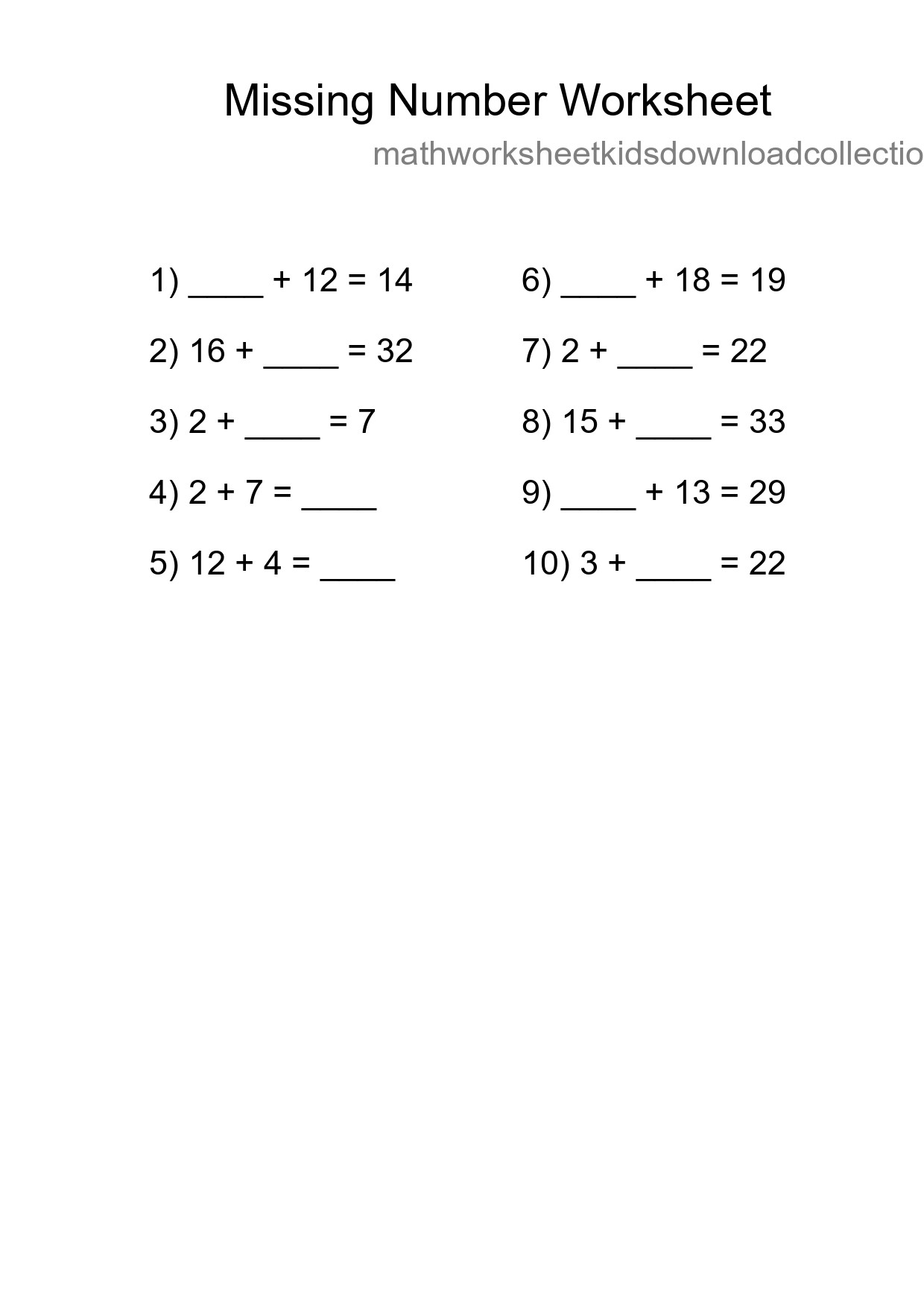 Missing Number Math Worksheet