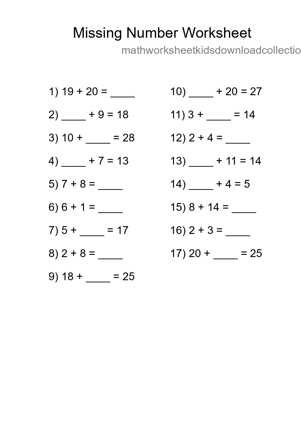 Missing Number Math Worksheet