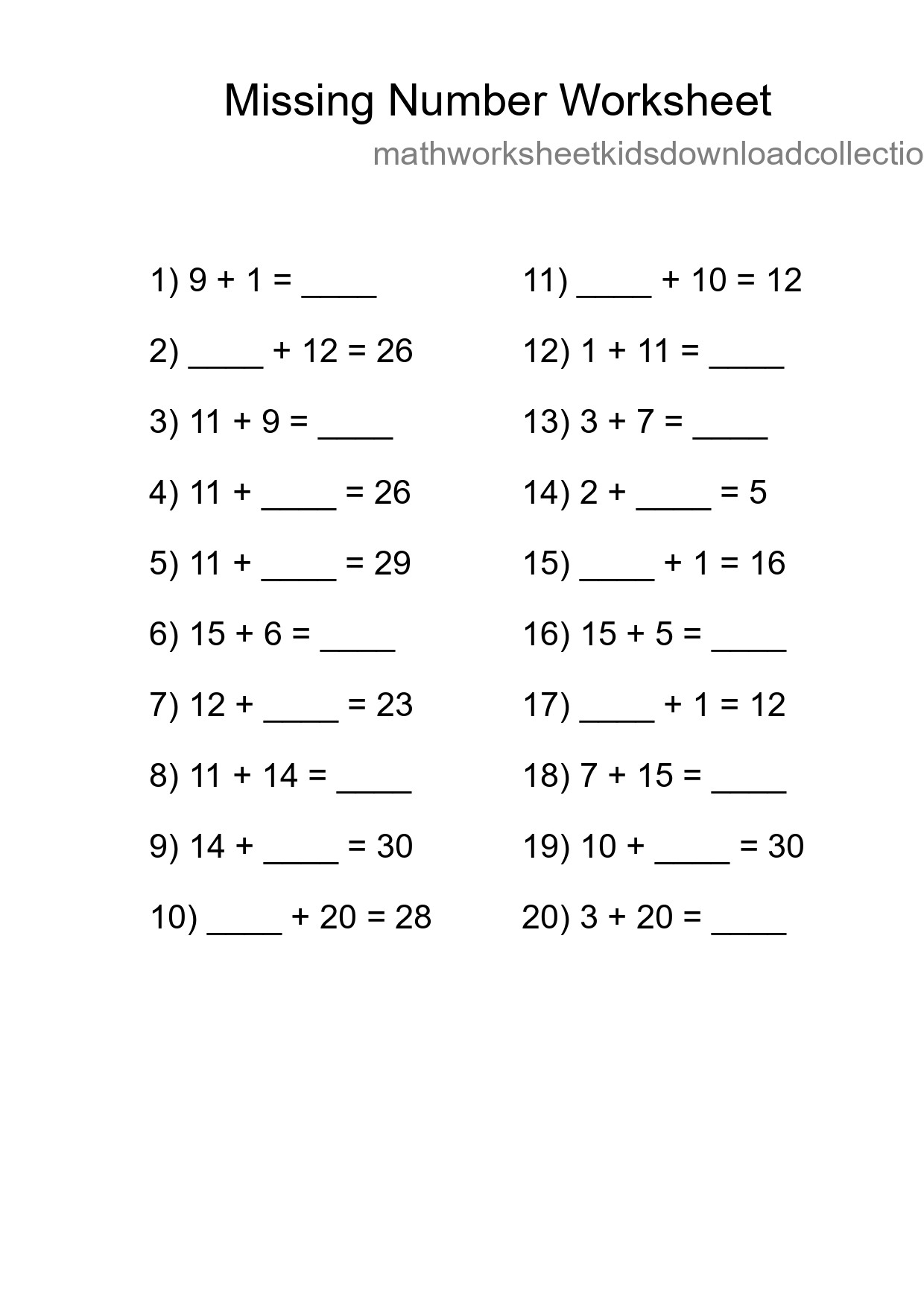 Missing Number Math Worksheet