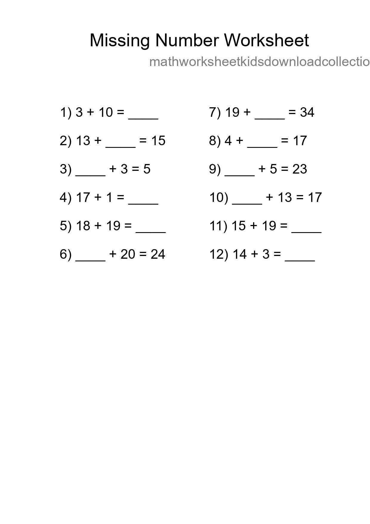 Missing Number Math Worksheet
