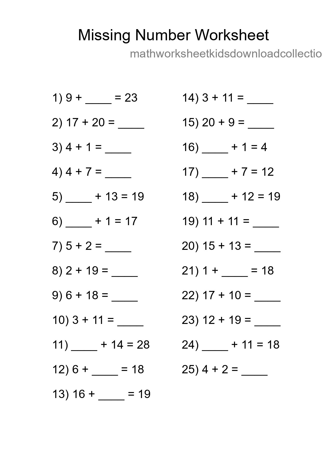 Missing Number Math Worksheet