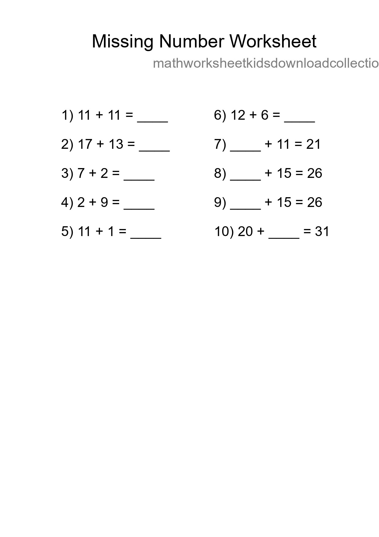 Missing Number Math Worksheet