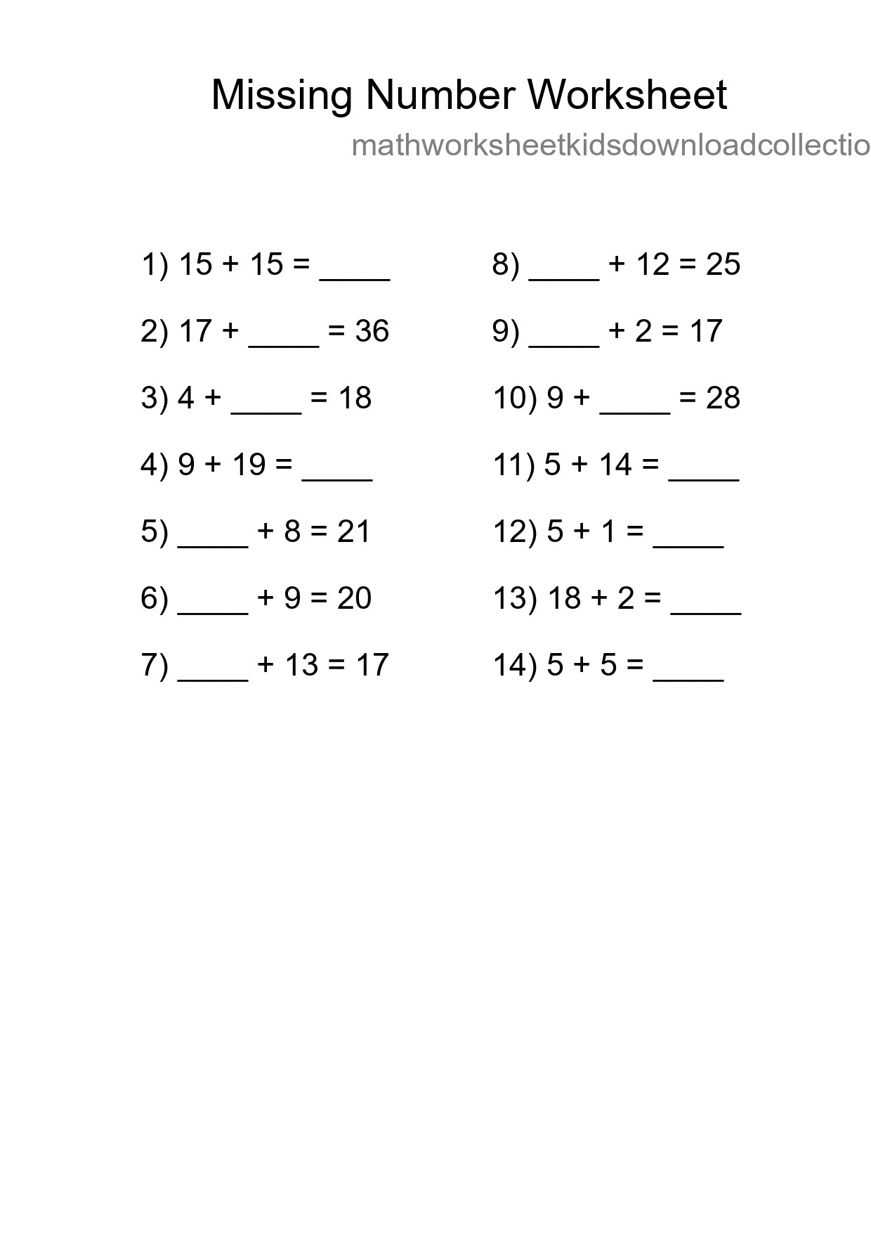 Missing Number Math Worksheet