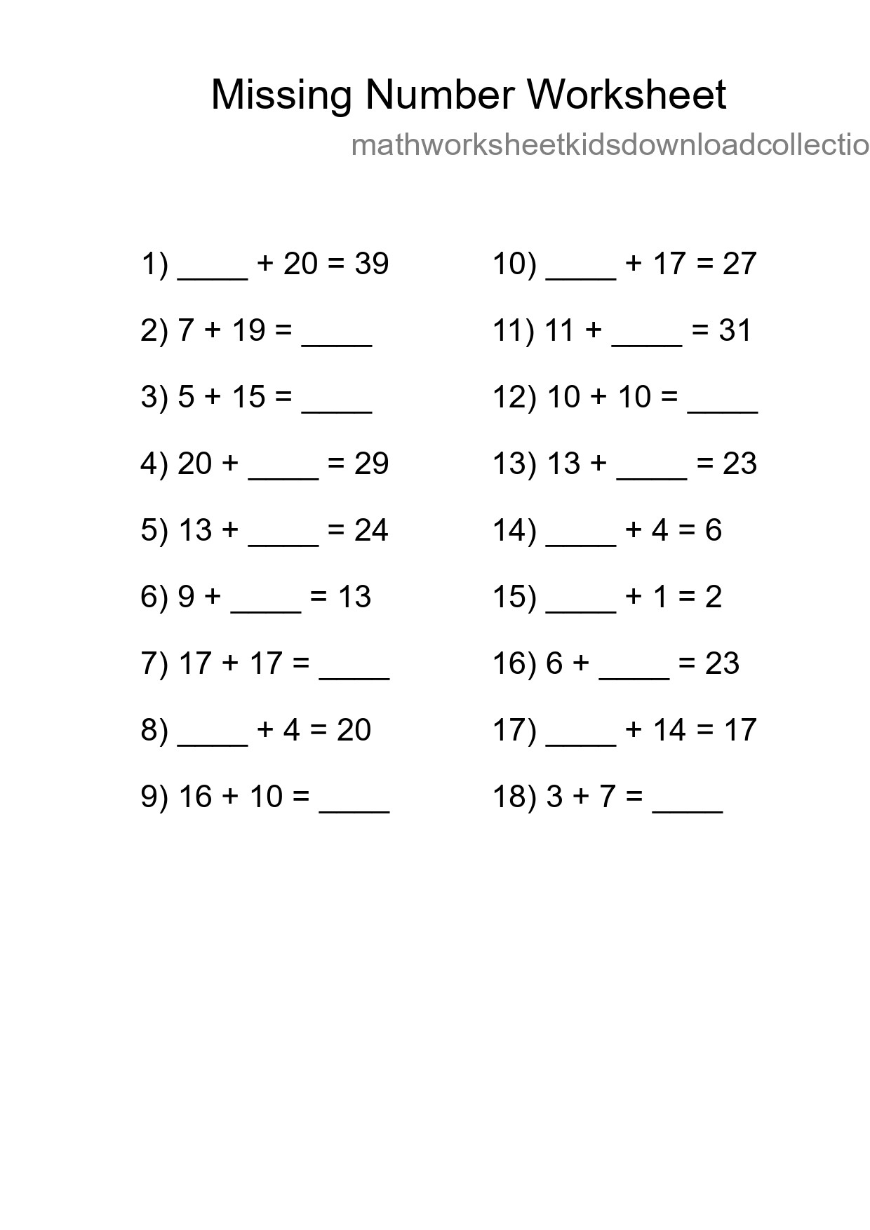 Missing Number Math Worksheet