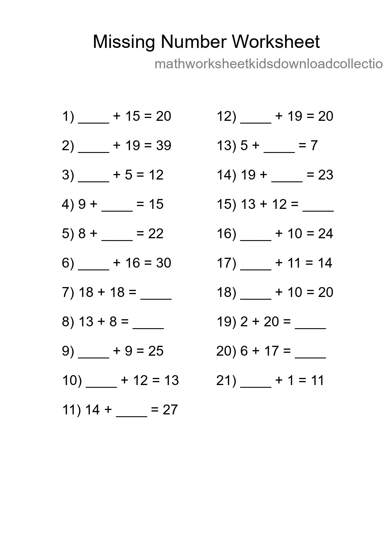 Missing Number Math Worksheet