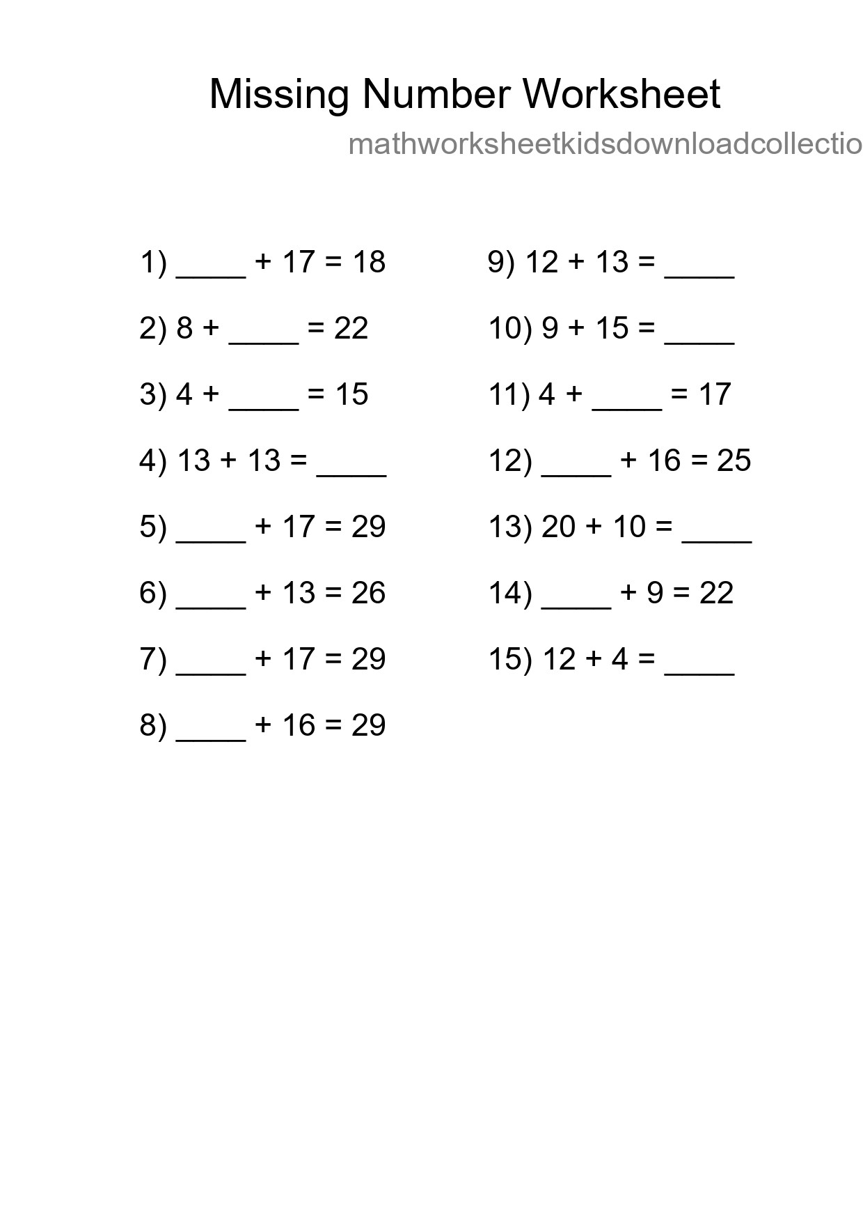 Missing Number Math Worksheet