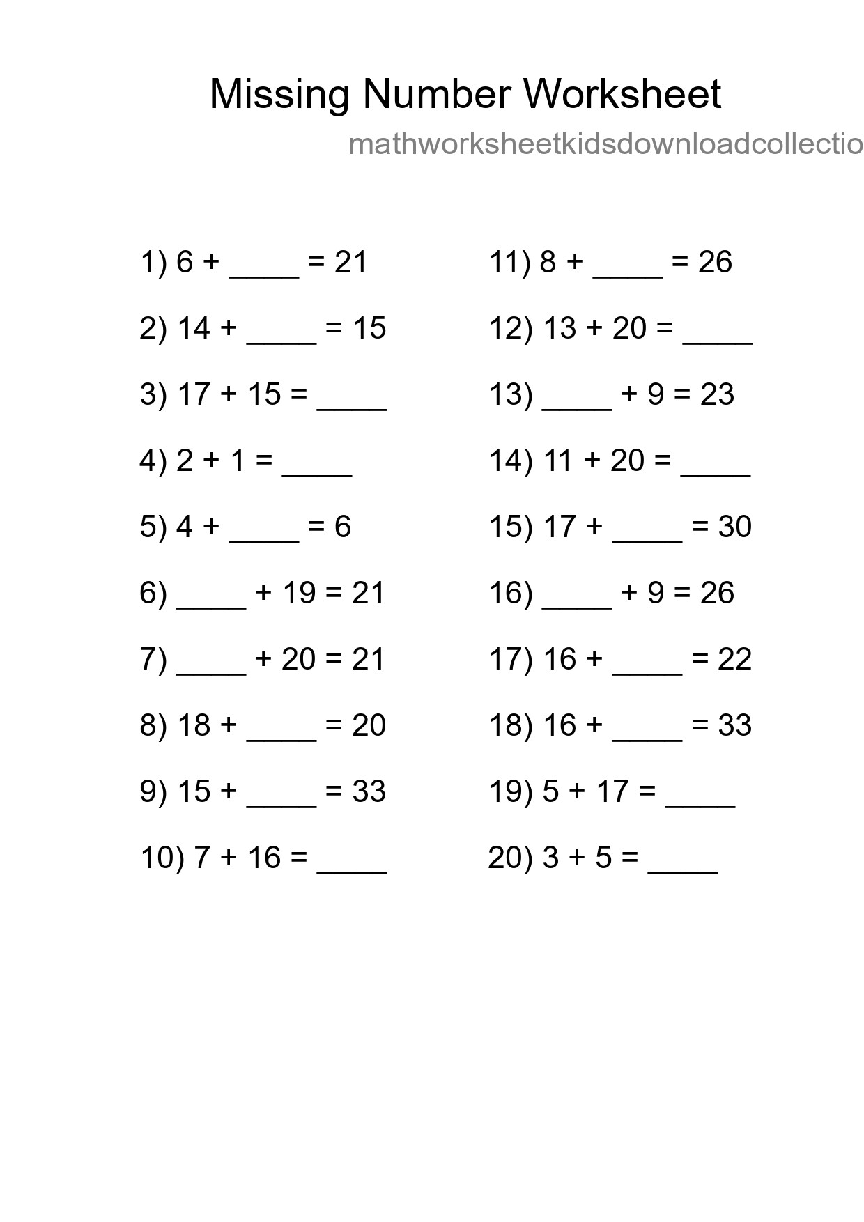 Missing Number Math Worksheet