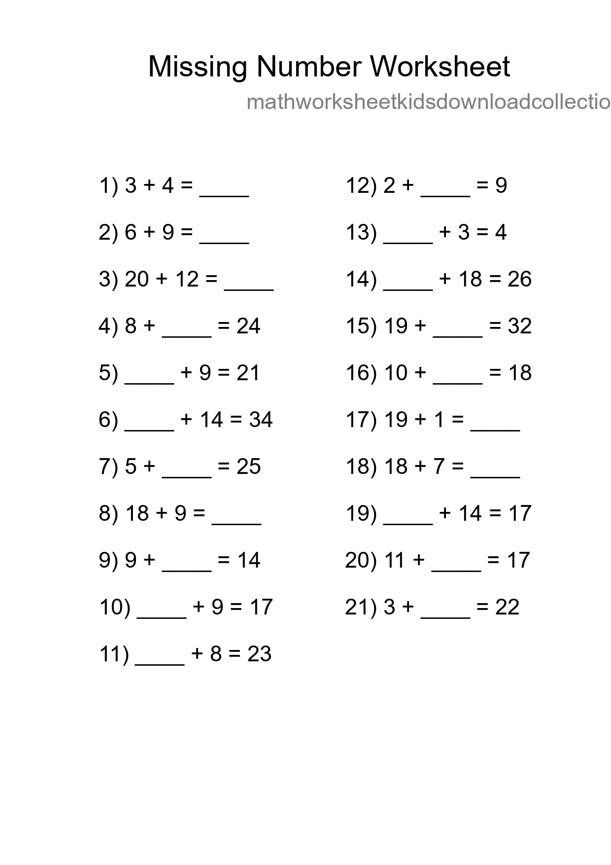 Missing Number Math Worksheet