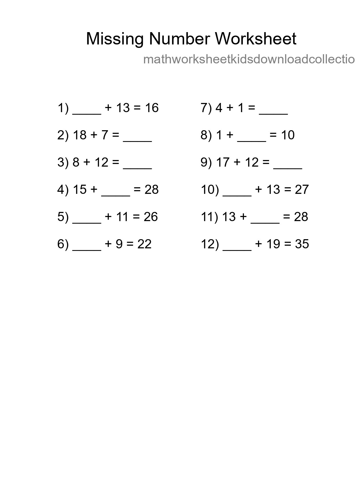 Missing Number Math Worksheet