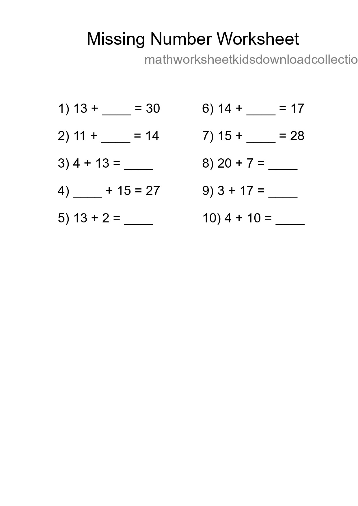 Missing Number Math Worksheet