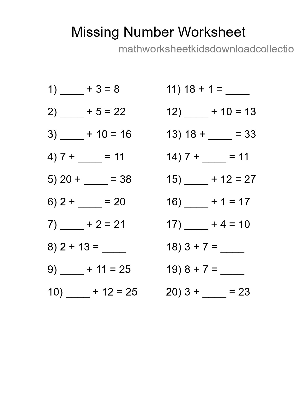 Missing Number Math Worksheet