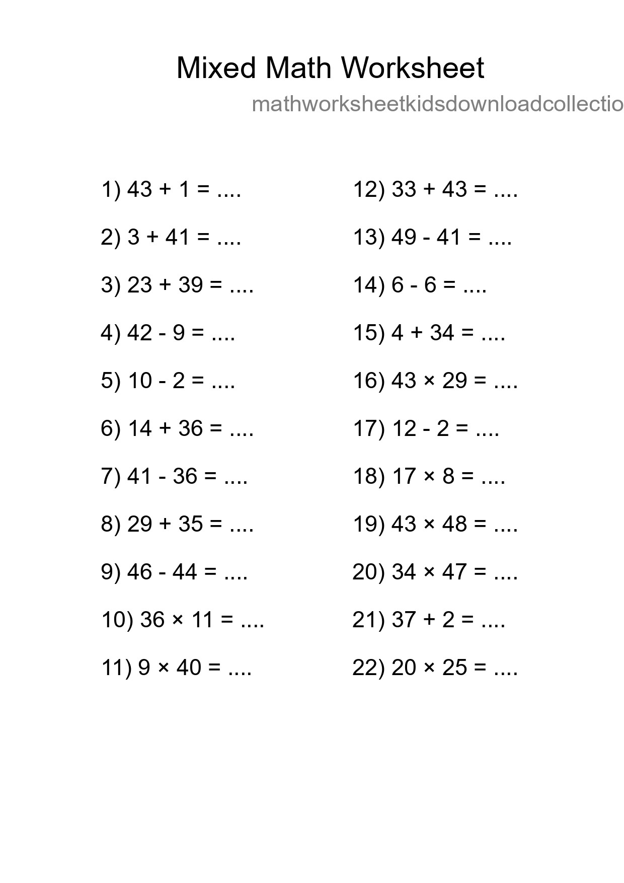 Mixed Operations Math Worksheet