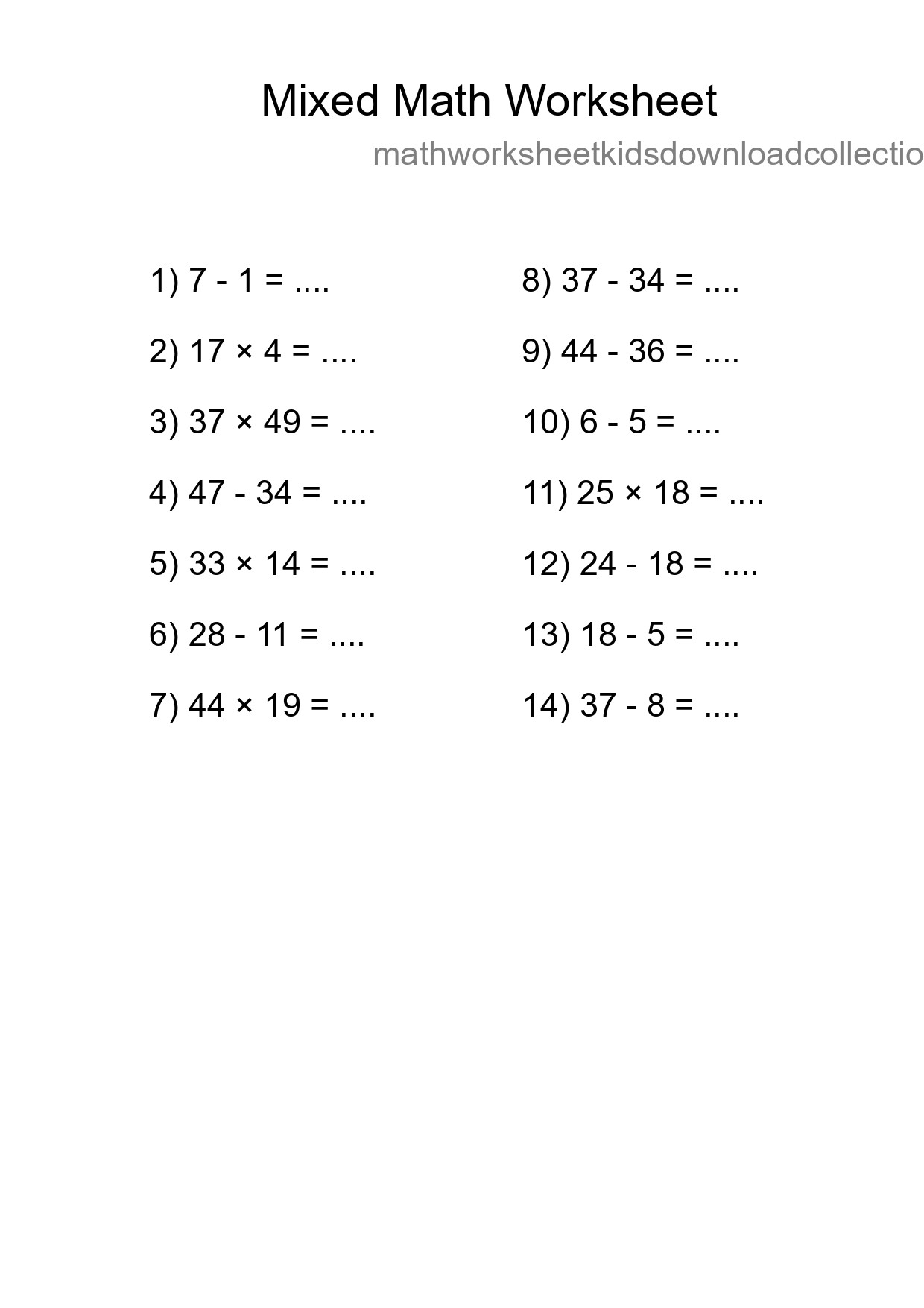Mixed Operations Math Worksheet