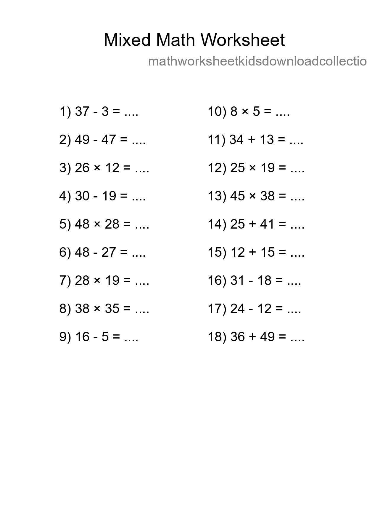 Mixed Operations Math Worksheet