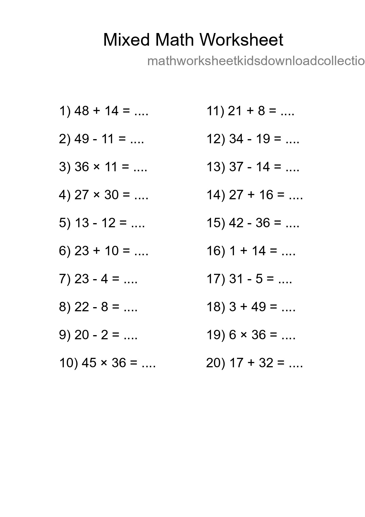 Mixed Operations Math Worksheet