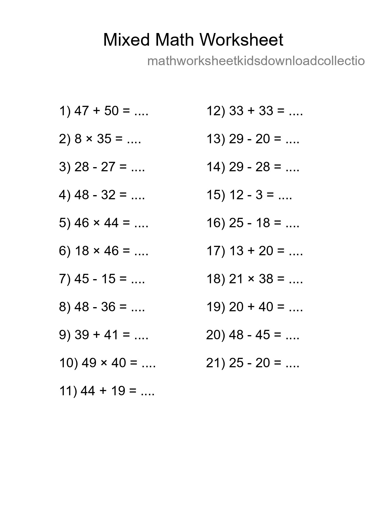 Mixed Operations Math Worksheet
