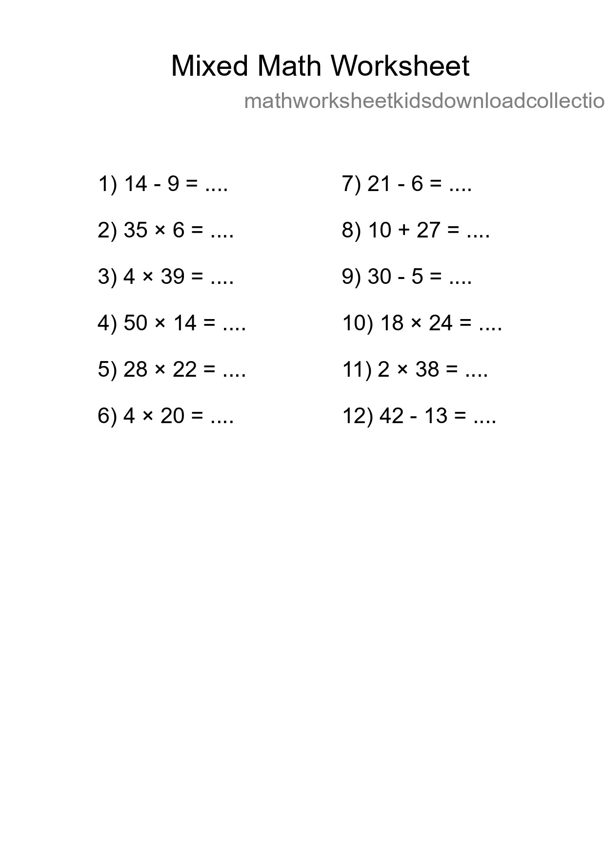 Mixed Operations Math Worksheet