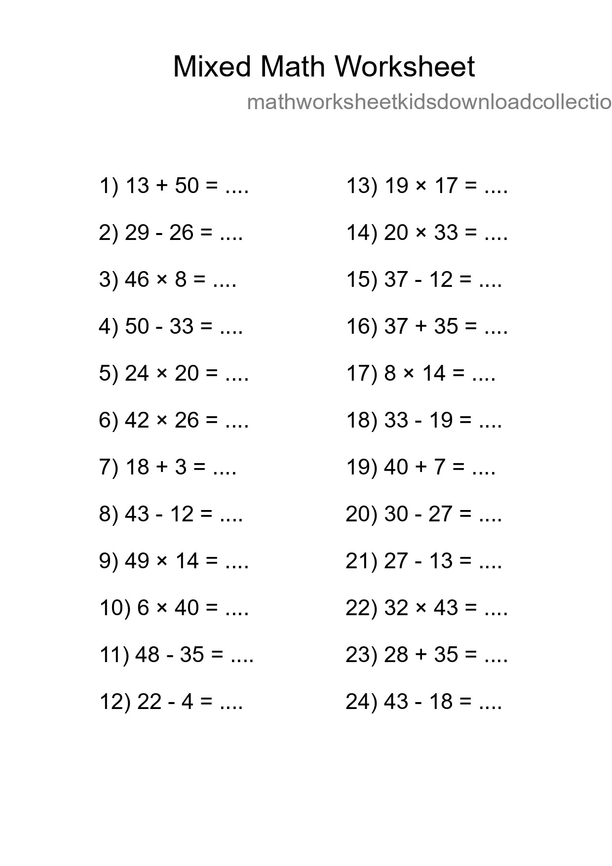 Mixed Operations Math Worksheet